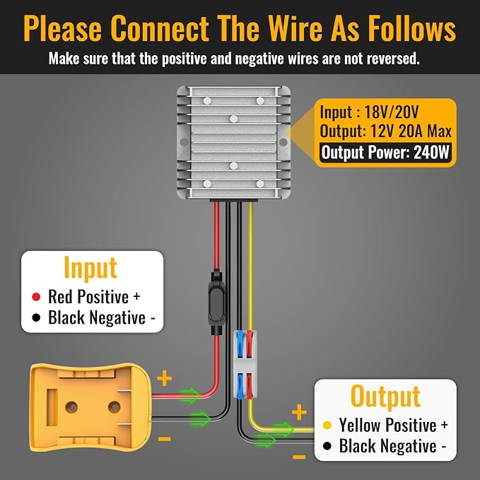 Kzreect 20V to 12V Step-Down Converter Compatible with Dewalt 20V Battery, DC 12V 20A 240W Voltage Regulator for Golf Cart RC Car LED Lights DIY Toys