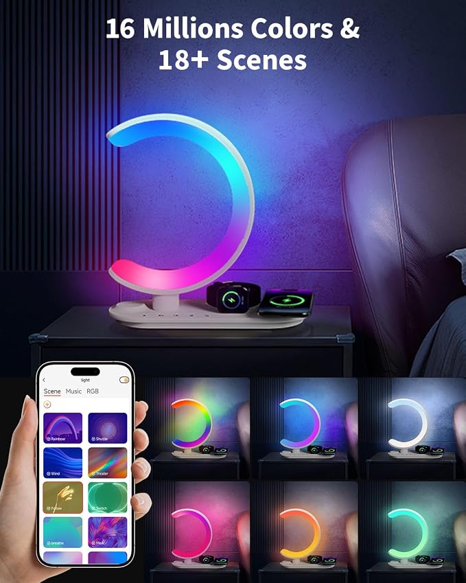 4 in 1 Bluetooth Speaker Night Light with Wireless Charger, Atmosphere Lamp with 24 Soothing Sounds, 16M+ Colors & App Control, Smart Light Sound Machine for Bedroom Home Decor (White)