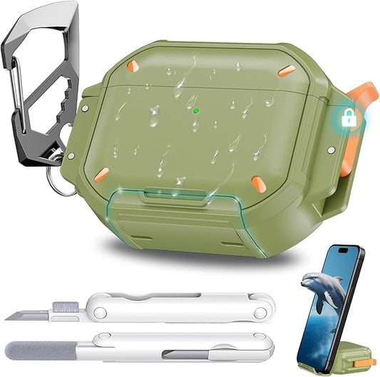 for AirPods Pro 3 Case Waterproof[IP68 Underwater][Full Heavy Duty Protection][Supports Wireless Charging] Anti-Scratch Hard Shell Cover for AirPods Pro 3rd Gen Cleaner Kit&Carabiner (Green)