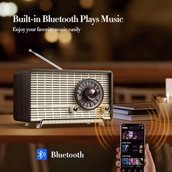 YOWGULF AM FM Radio Classic Retro Wood Table Radio Bluetooth Speakers Radios Plug-in Wall with Rotary Knob Great for Home, Office