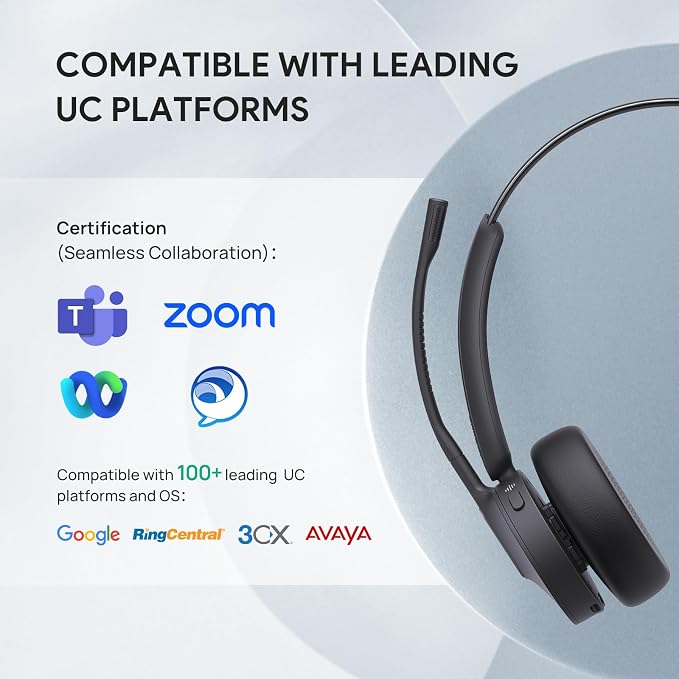 Yealink BH70 with Stand Wireless Bluetooth Headset with Microphone for Work, up to 35h Talking Battery Life, 3 Noise Cancellation Mics, Teams Certified, ≤90min Fast Charging, NO Power Adapter Needed