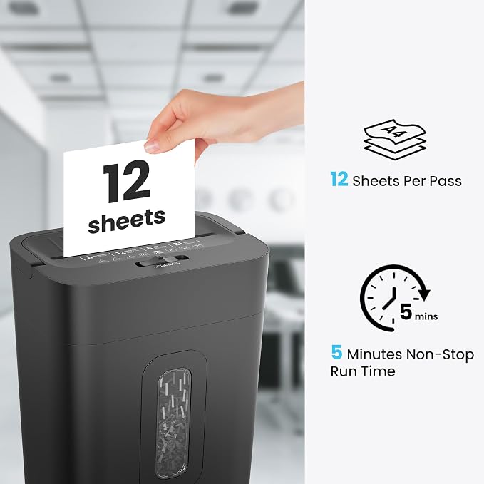 12-Sheet Cross Cut Paper Shredder, 5.55 Gallon Heavy Duty Shredder for Home Office, P-4 High Security Shredders for Paper/Credit Card/Mail/Staples/Clips, Portable Handle Design