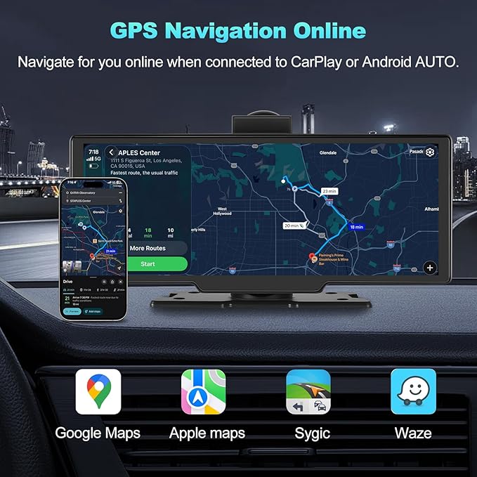 Portable Apple CarPlay Screen for Car, 10.26“ Wireless CarPlay & Android Auto Touch Screen Voice Control Navigation, 4K Dash Cam & 1080P Backup Camera DVR Recording Plug & Play for Car Truck