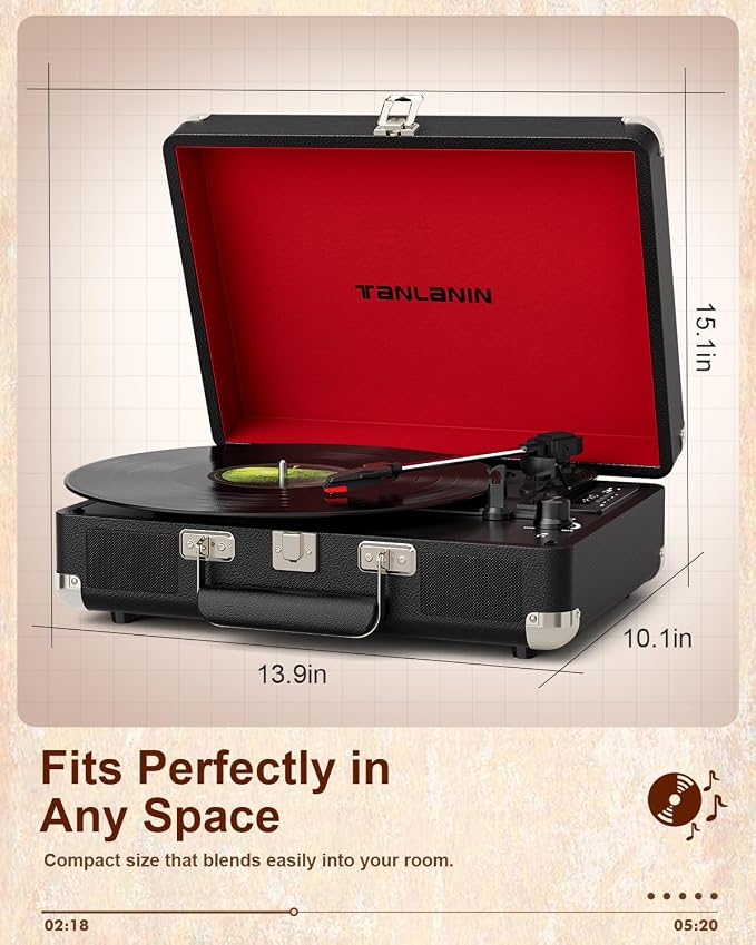 TANALNIN Vinyl Record Player, 3-Speed Bluetooth Portable Suitcase Turntable with Built-in Speakers, USB Recording, RCA Output, AUX Input/Output, Vintage Vinyl Player for Home, Bedroom or Gifting,Black
