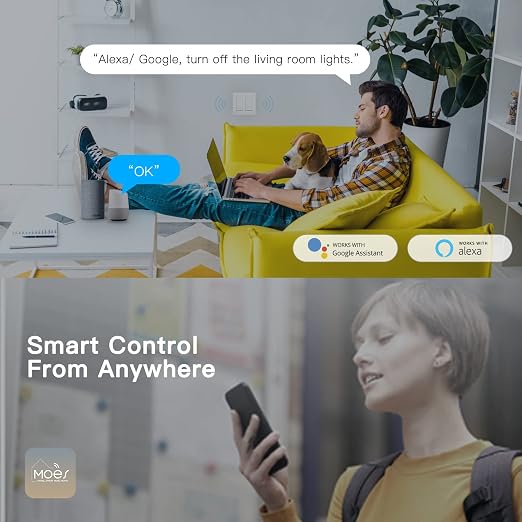 MoesGo 2nd Gen WiFi Smart Light Switch, Smart Wall Switch 2.4GHz WiFi, Neutral Wire Required,Smart Life APP Remote Control, Compatible with Alexa/Google Home, No Hub Needed, White 2-Gang