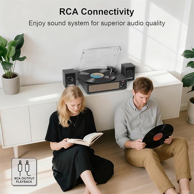 Record Player with Passive Bookshelf Speakers Belt-Drive Vintage Turntable for Vinyl Records External Dual Stereo Speakers LP Players 3 Speed Wireless AUX Headphone Input Auto Stop Retro Black Wooden