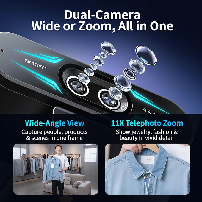 EMEET C60E Dual-Camera 4K Webcam for Streaming, Wide-Angle and Telephoto Cameras, Max 11X Hybrid Zoom & PDAF Autofocus, Remote Control, RGB Lighting, 2 Mics, Ideal for Livestreaming and Online Meeting