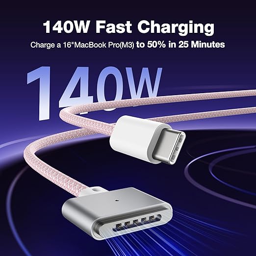 Hugener Magnetic 3 Cable USB-C 6.6FT Compatible with M5/M4/M3/M2 MacBook Air Pro Charger, 140W Cable for MacBook Air (13"/15" 2026/2025/2024/2023/2022), Pro (16"/14" 2026/2025/2024/2023/2021), Pink