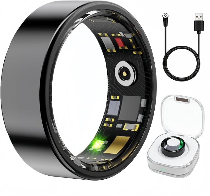 Smart Ring Health & Fitness Tracker for Men & Women, Heart Rate, SPO₂, Sleep & Activity Monitoring, IP68 Waterproof, Long Battery Life, Family Care Mode, No Subscription Fee (Black, 7)