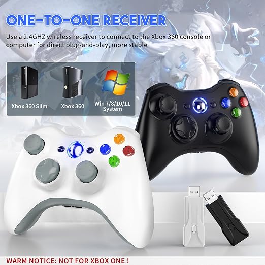 Gamrombo 2 Pack Replacement for Xbox 360 Controller, Wireless Controllers Gamepad Upgraded Joystick Compatible with 360 & Slim, Windows 11/10/8/7 PC Controller（White+Black）