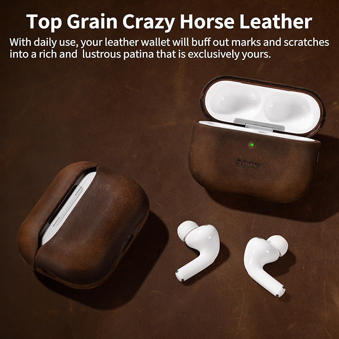 Belemay Handcrafted Crazy Horse Leather Case for AirPods Pro 3rd Gen (2025), Vintage Aesthetic, Two-Tone Effect, Unique Patina, Compatible with MagSafe, Compatible with Airpods Pro 3, Rustic Brown