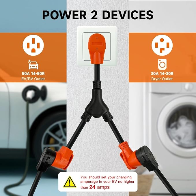 EP 30 Amp Dual Outlet Adapter Cord, 2FT Y Adapter Cord NEMA 14-30P to 14-30R & 14-50R Socket, 10AWG Power Splitter for EV Charger EV Charging, Dryers, and Power Tools ETL Listed