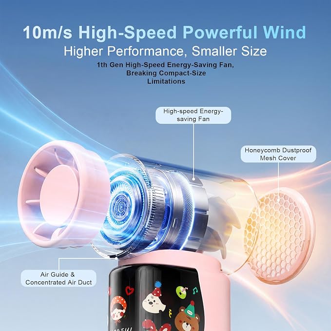 R-fun Colorful Handheld Mini Fan M126, 18000 RPM High-Speed Turbo Personal Fan, Rechargeabl Portable Fan, Flexible Curved Color Screen, Travel Essentials, Summer Gifts for Women and Men, Pink
