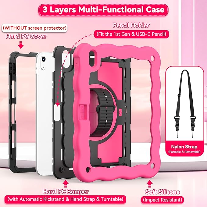 ZoneFoker for iPad A16 11th Generation 2025 / 10th Gen Case 2022, for 11 Inch / 10.9 Inch iPad Case Heavy Duty Cover Shockproof with Pencil Holder [360° Rotate Strap] & Stand, Hot Pink