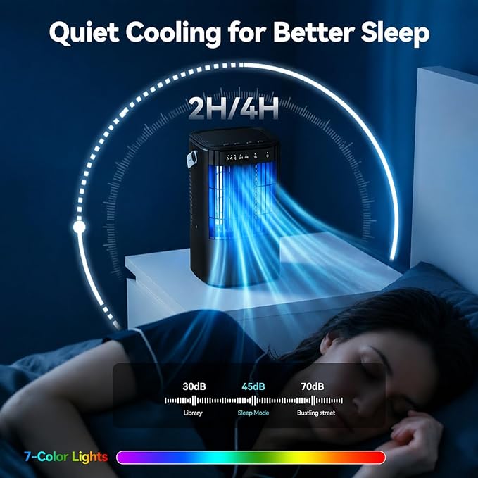 Portable Air Conditioners, 4-in-1 Mini Air Conditioner Evaporative Air Cooler, Portable AC with 1000ML Tank, 3 Speeds & 7-Color LED, Small Air Conditioner with Timer for Bedroom, Desktop, Home, Office