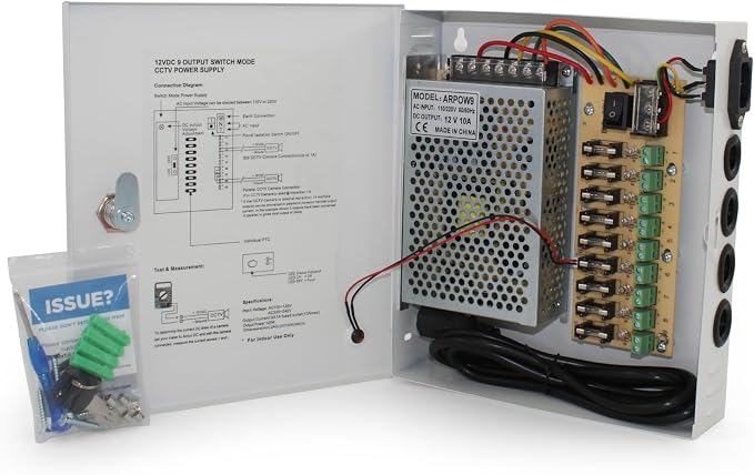 9 Channel/Port 10 AMPS, 12V DC Power Supply Box, Individually Fused for CCTV, LED, and All 12v DC Devices. Includes Screw Drivers & Extra fuses