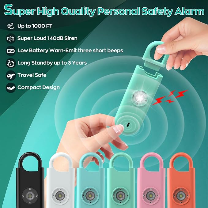 Fauxomor 140dB Personal Safety Alarm for Women, 3 Pack Safe Alarm Protection Keychain with Strobe Light & Low Battery Notice, Security Siren Self Defense for Seniors College Girls, White+Green+Black