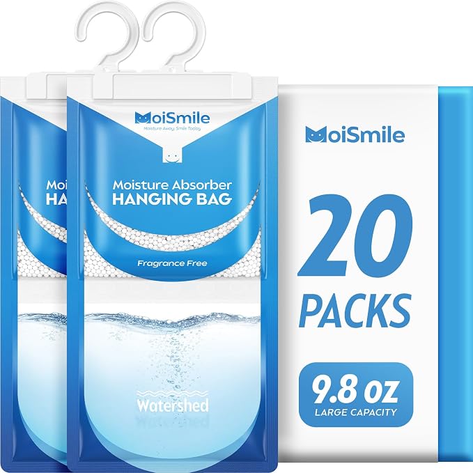 Moisture Absorbers 20 Pack Fragrance Free, Hanging Closet Dehumidifier Bags, Humidity Absorber, Compact Eliminates Odors for Car, Bathroom, Bedroom, Basement, 9.8OZ