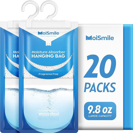 Moisture Absorbers 20 Pack Fragrance Free, Hanging Closet Dehumidifier Bags, Humidity Absorber, Compact Eliminates Odors for Car, Bathroom, Bedroom, Basement, 9.8OZ