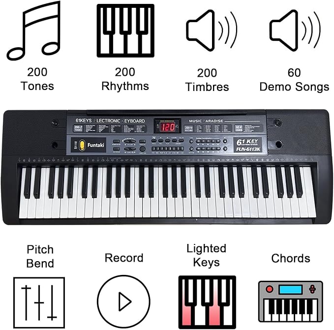 61 Key Electronic Keyboard Piano with Lighted Up Keys, Musical Mini Keyboard Piano with keyboard stand, Digital Portable Synthesizer Keyboards for Beginners Kids Adults (Black)