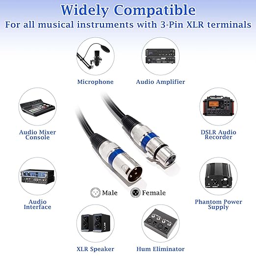 XLR Microphone Cable, 3-Pin Male to Female DMX Cable, Balanced Shielded Cord for Stage Lighting, Mic, Radio Station (6PCS 25FT)