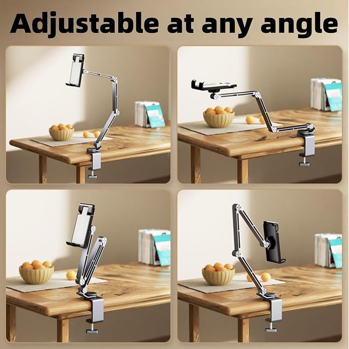 Adjustable Phone Tablet Mount,Ergonomic Multi Joint Stand with Sturdy Desk Clamp, 360° Rotatable & Height Compatible with Devices for Home,Office,Studio(Silver)