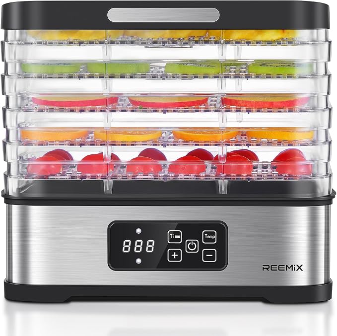 Reemix 5-Tier Compact Food Dehydrator - BPA-Free Trays, Stainless Steel Base, Touch Control LCD Display for Temperature/Time Adjustment, Home Use Dryer for Fruits, Veggies & Jerky