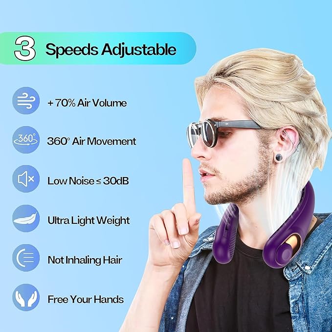 KIDEE Portable Neck Fan, 4000mAh Rechargeable, 360° Airflow, Hands Free Bladeless Wearable Fan, 2 Pack, Purple