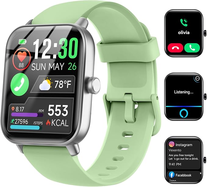 Quican Smart Watch for Women/Men, Compatible for Android Phones and iPhone | Alexa Built-in, 1.8" Fitness Tracker Watches for Women, IP68 Waterproof /Bluetooth Call, Heart Rate/Sleep Monitor, Green