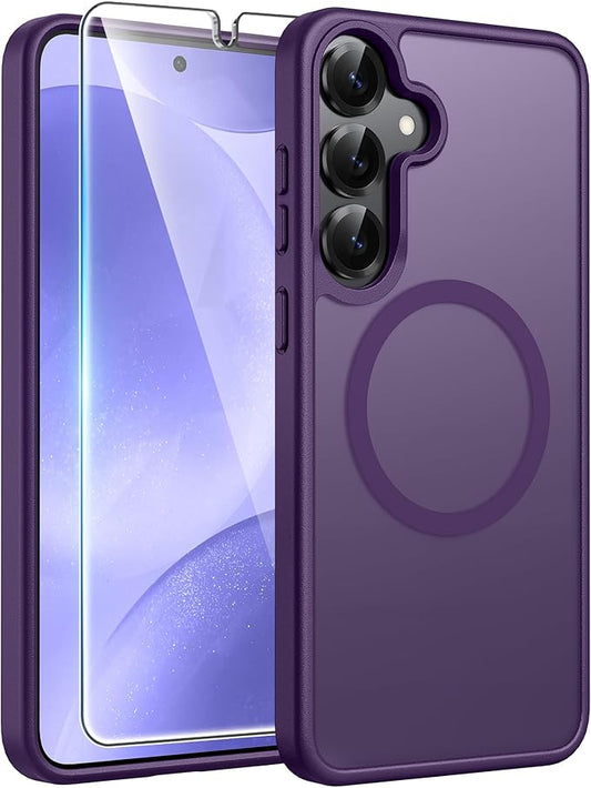 FNTCASE for Samsung Galaxy S25 Case: Samsung Galaxy S24 Phone Case Fit with Magsafe Translucent Matte Case with [Screen Protector] Military Grade Shockproof Protective Phone Cover-Purple