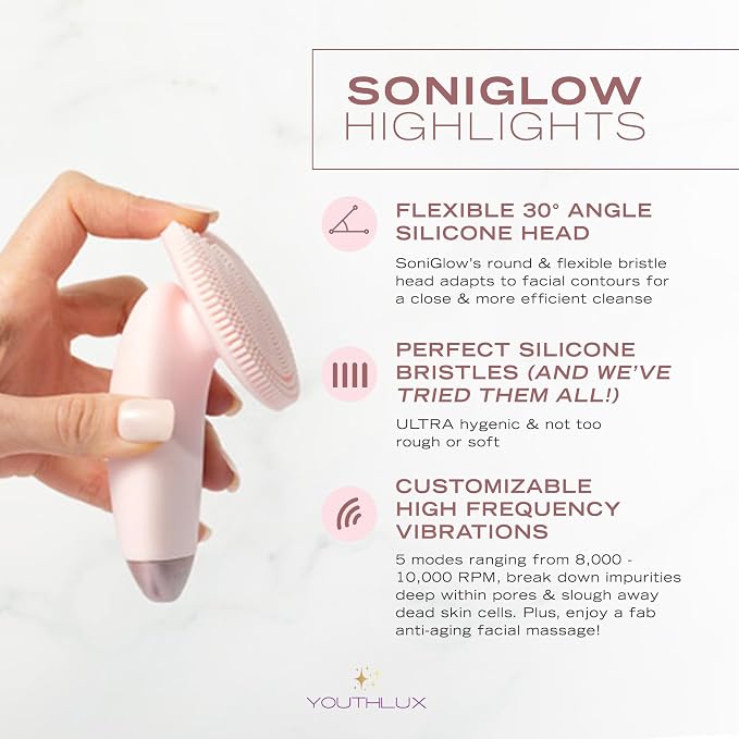 SoniGlow Silicone Face Scrubber/Facial Cleansing Brush – Electric Vibrating Skincare Scrubber Tool for Deep Pore Cleansing, Gentle Massage, Makeup Removal, Waterproof and Rechargeable (Pink)
