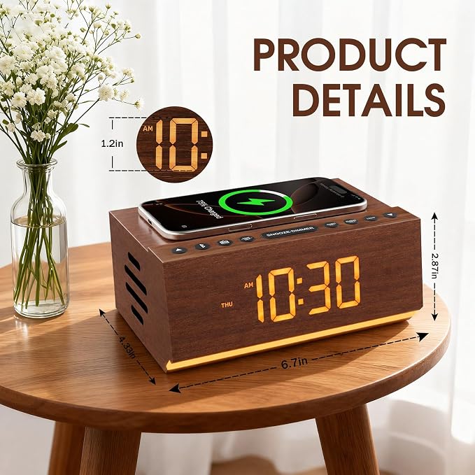 Hoifen Wooden Digital Alarm Clock with Bluetooth Speaker, Wireless Charging, FM Radio, Night Light, Auto Time Sync, Dual Alarms, USB Port, 9-Min Snooze for Bedroom, Desk, Bedside Clock Home Decor Gift