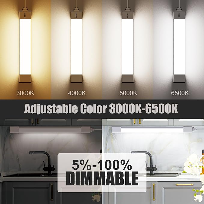 ONIDEK Under Cabinet Lighting Plug in Light Dimming and Color with Remote | With wireless wall switch 16 inch 15W 1500LM 3000-6500K adjustable LED Tube Light Fixture for Cabinet Closet Office