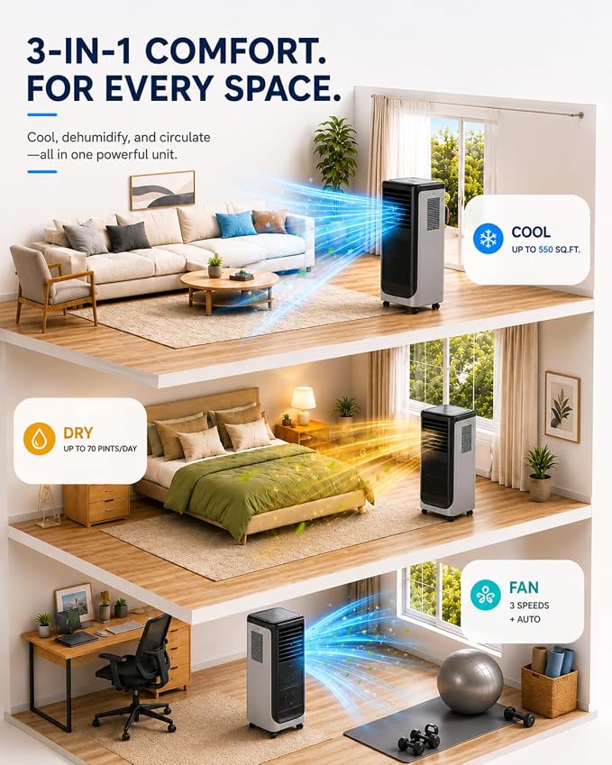 Coolblus Portable Air Conditioners 12000 BTU, Wi-Fi Smart Portable AC Unit for Room Up to 550 Sq.Ft, 3 in 1 Quiet AC with Cool/Dehumidify/Fan, Window Kit, Black-12000BTU-WIFI