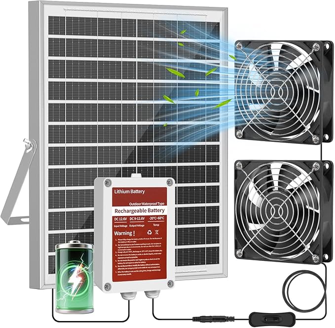 Solar Powered Fan Kit with Battery, Solar Powered Fan for Shed & Greenhouse, for Intake or Exhaust Vent Cooling for Chicken Coop, Dog House