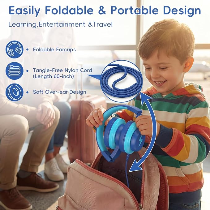 Candy Bila Wired Kids Headphones, USB Type C Headphones for Kids, 85dB Safe Volume, HD Stereo Sound,Comfortable Fit, Adjustable &Foldable, Ideal for Boys, Girls, School, Travel, iPad, Tablet,Bule