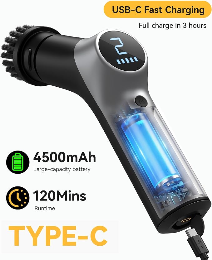 Electric Spin Scrubber for Bathroon,IPX7 Cordless Cleaning Brush with 6 Replaceable Brush Heads,120 Mins Runtime Power Shower Scrubber with Adjustable Extension Handle and Durable Brush Head for Tub