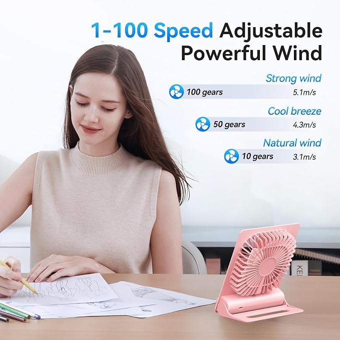 GOCKERA Desk Fan, 6.61''Ultra-thin Battery Powered Fan with Powerful Wind,100 Speeds Adjustable&Digital Display,Timer,Ultra-quiet Small Portable Fan for Bedroom,Office,Travel (Pink, 5000mAh)