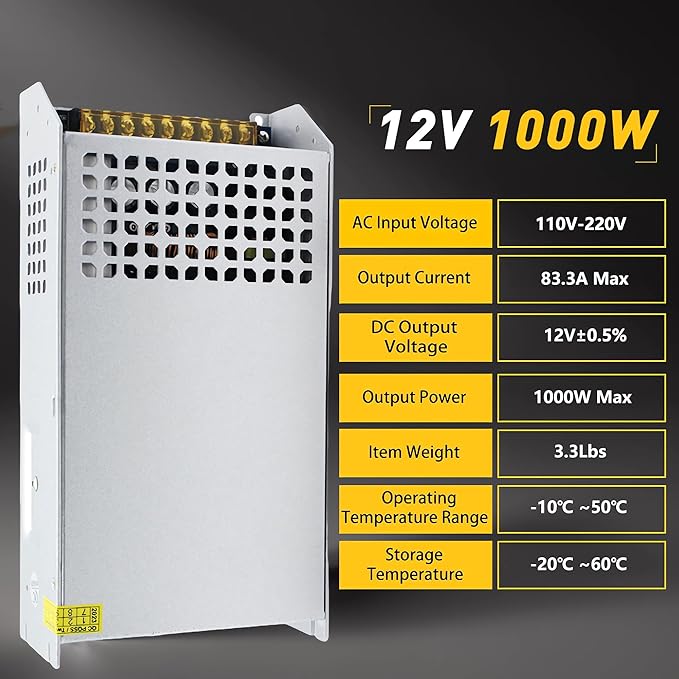 DC 12V 83.3A 1000W Power Supply SMPS AC 110V / 220V-DC 12V Transformer Adapter for Advertising Signs,CCTV Camera Security System,Computer Project of Industrial Power Supplies (DC12V-1000W)