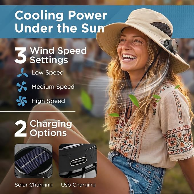 Solar Fan Hat with 2 Removable Fans Wide Brim Sun Hat | for Outdoor Fishing Camping Hiking Gardening, UPF 50+ Sun Protection