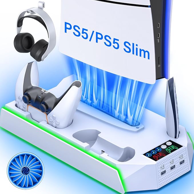 PS5 / PS5 Slim Cooling Station with Controller Charging Station - LED Light Cooling Stand for Playstation 5 Slim Disc/Digital Console, Accessories Incl RGB Light/Cooler Fan/3 USB Hubs/Headset Holder