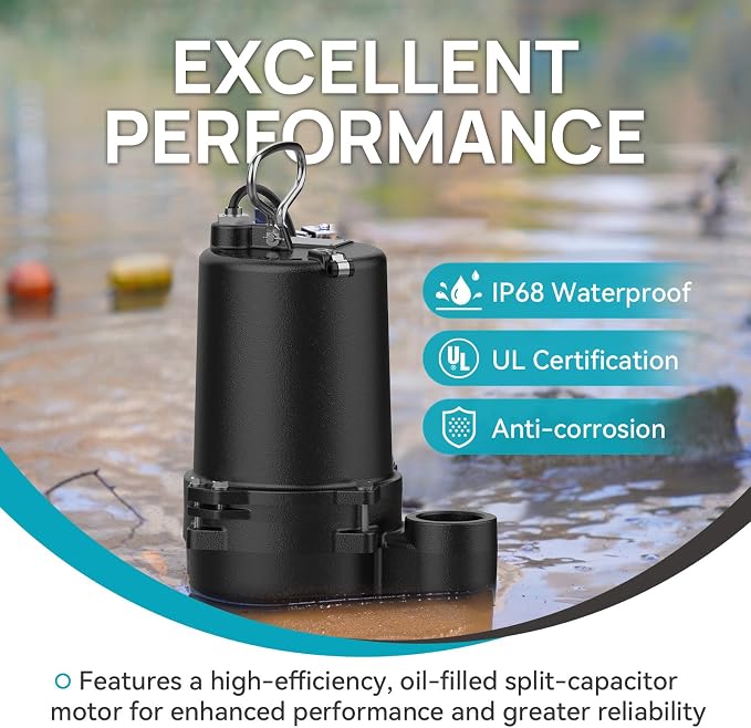 1/2 HP Sewage Pump, Cast Iron Effluent Pump, Automatic Float Switch, Sewage Sump Pump for Sump Basin, Basement, Residential Sewage, 2'' NPT Discharge, Dark Black