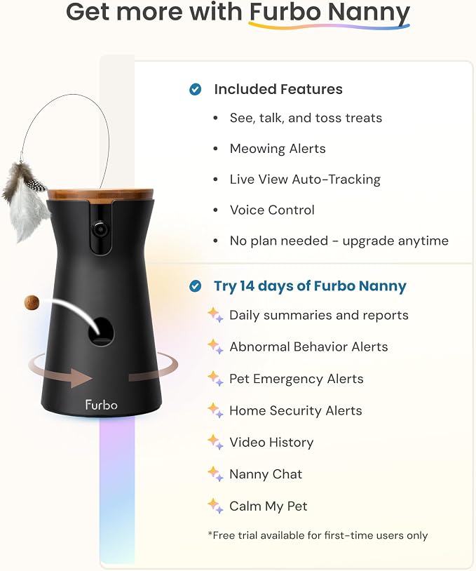 Furbo 360° Cat Camera: Basic See, Talk & Toss Features, No AI Alerts, No Subscription Required, Pet Security Cam w/Meowing Alerts, Rotating View, Treat Toss, 2-Way Audio, Smart Home Kitty Monitoring
