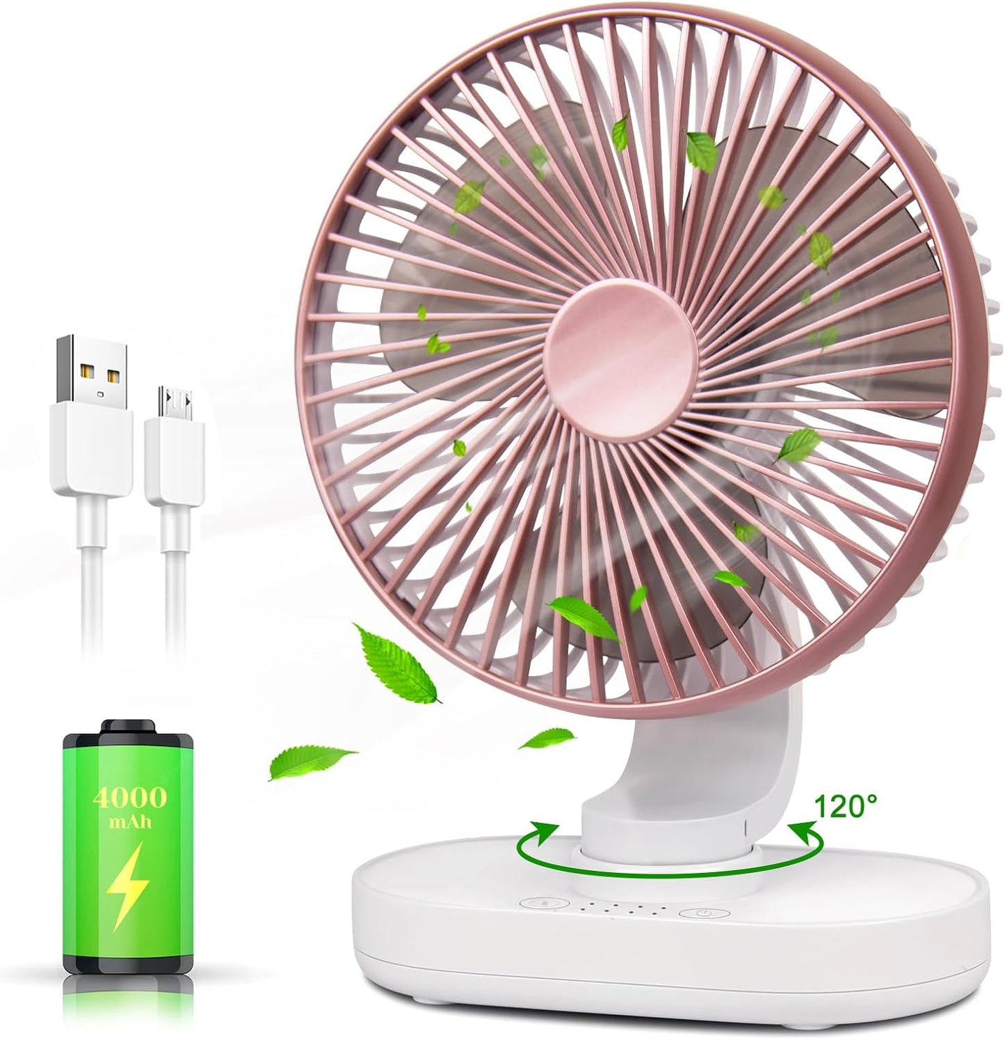 CONBOLA Small Desk Fan for Bedroom, 4000mAh Battery Powered Rechargeable Fan, 90° Vertical Manual and 120° Oscillating Fan, 4 Speeds Quiet Air Circulator Table Fan for Home Office, Pink