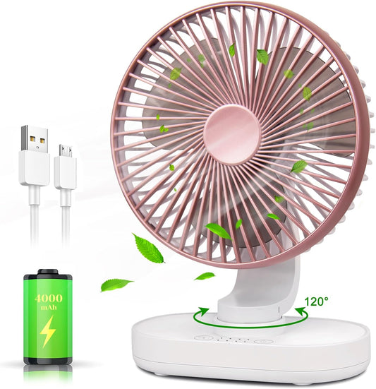 CONBOLA Small Desk Fan for Bedroom, 4000mAh Battery Powered Rechargeable Fan, 90° Vertical Manual and 120° Oscillating Fan, 4 Speeds Quiet Air Circulator Table Fan for Home Office, Pink