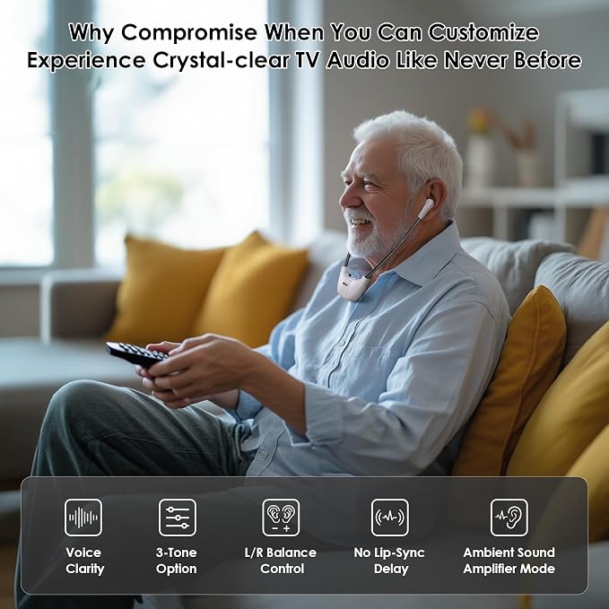SIMOLIO Wireless Headphones for TV Watching w/Clarified Dialog, 164FT Range TV Headset for Seniors w/Balance Control & Enhanced Voice & Transmitter/Charging Dock, Gifts for Elderly, No Audio Delay