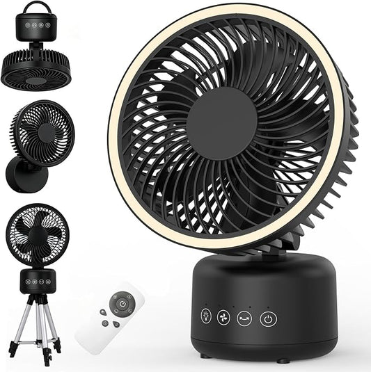 Camping Fan – Portable Rechargeable Fan with Auto Oscillation, Type-C Charging, LED, 4 Speeds, Remote & Timer Freestanding, Wall Mount, Hanging, Tripod Stand for Indoor, Outdoor, Tent, Travel, Jobsite