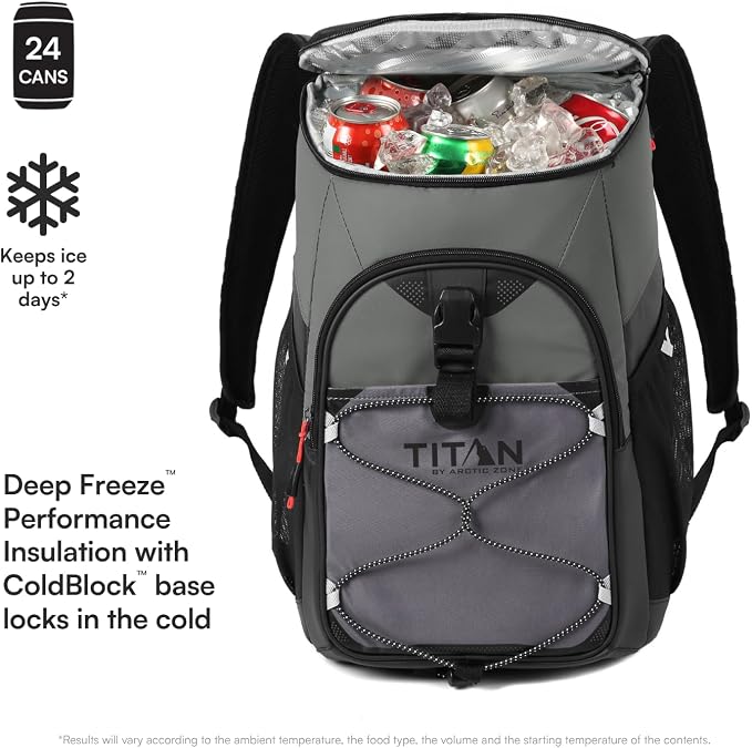 Titan by Arctic Zone Backpack Cooler, Insulated Soft Sided Bag with Leak Proof Lining and Padded Straps, for Lunch, Picnic, and Travel, 24 Can Capacity