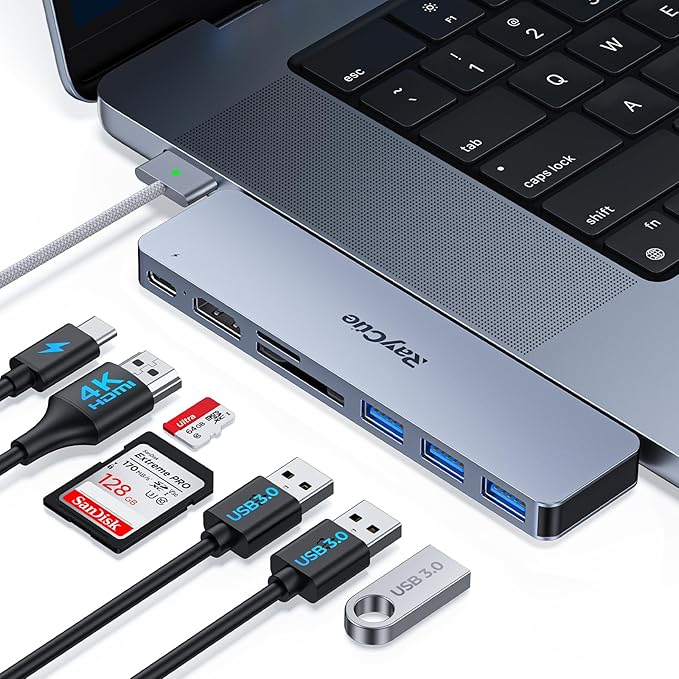 RayCue USB C to HDMI Adapter for MacBook Pro/Air M1/M2/M3 2023-2021, Multiport Dongle with 4K HDMI, Thunderbolt 3, 3 USB A 3.0 Data Ports, SD/TF Card Reader