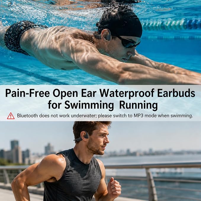 Swimming Headphones Underwater, Bone Conduction Swimming Headphones IPX8 Waterproof Open Ear Headphones with 32GB Built-in MP3, Bluetooth 6.0 Dual Mode, Dual Device Pairing, Magnetic Charging(Black
